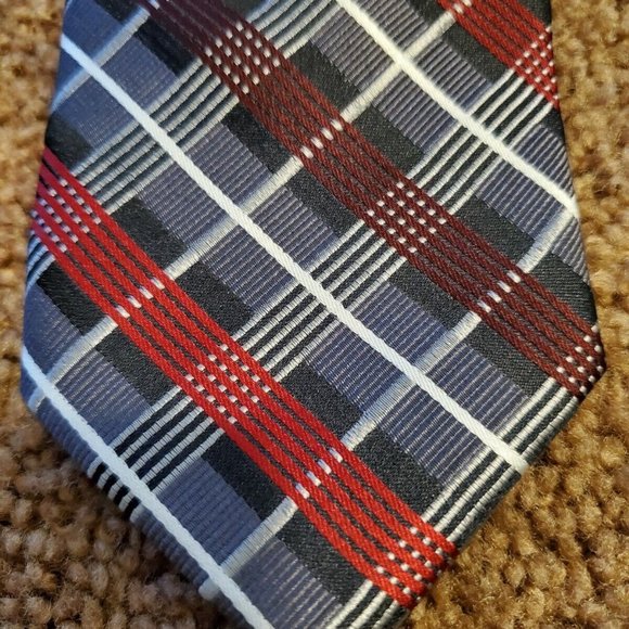 Pronto Uomo 100% Silk Tie Mens Necktie Red Blue White Diagonal Stripe - Picture 3 of 3